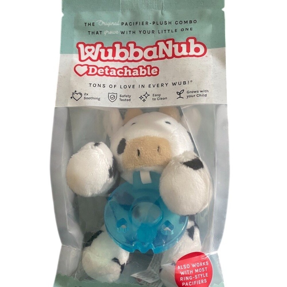 WubbaNub Cow Plush Pacifier Combo Detachable Blue Silicone 0-6 Months